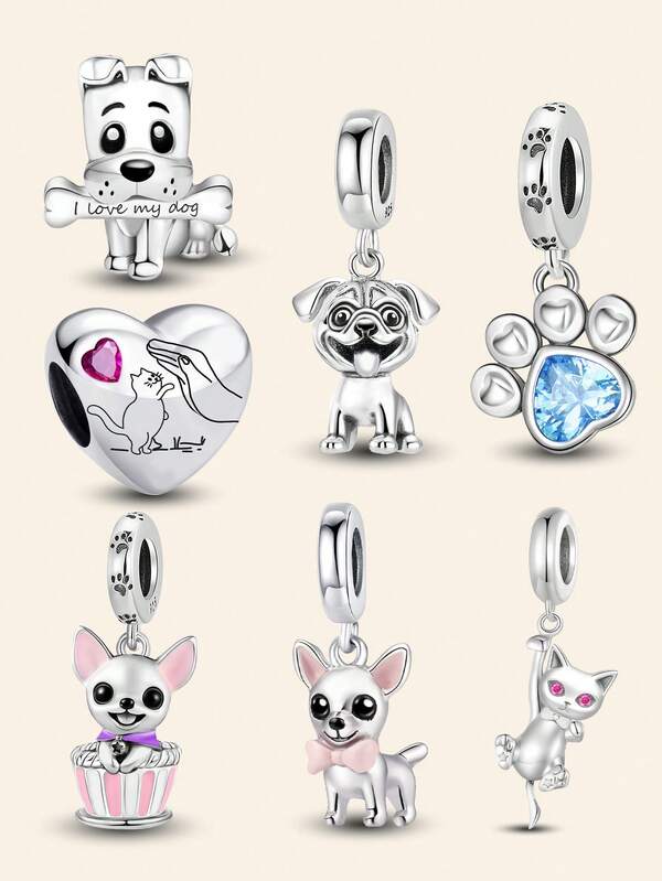 1 pieza Elegante Cuenta de Cuentas de Plata de Ley 925 con Diseño de Mascota Perro Lindo Serie Apta para Pulseras y Brazaletes de Mujer, Manualidades DIY y Decoración de Joyería a Juego con Atuendos Diarios para Niñas