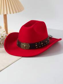 1pc Solid Color Casual Vintage Polyester (Polyester) Animal Shaped Cowboy Hat With Retro 3D Copper Bull Head Badge, Square Rivet, Round Rivet, Yellow Stone Element Leather Strap, American Western Wide Brim Cowboy Hat