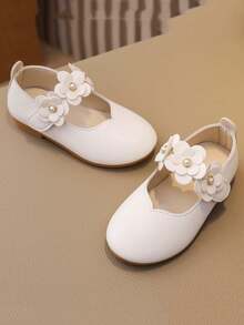 Fashionable & Elegant Floral Mary Jane Shoes For Girls, Comfortable Lightweight Non-Slip Soft Bottom Flat Shoes, Suitable For Performance, Party, All Seasons - White - View 3