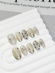 10 件手工按压指甲 - 简约白色法式风格，白色条纹，闪亮钻石装饰和精致点缀，夏季美甲用品（显示卡随机）适用于女士和女孩美甲用品指甲 - 彩色 - 查看 1