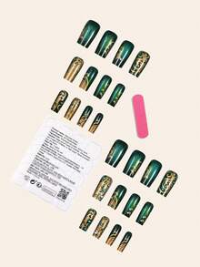 24 móng tay giả vuông màu xanh lá cây kiểu Pháp, đính đá lấp lánh, phù hợp cho phụ nữ và bé gái, kèm 1 dũa móng và 1 gel làm móng. - màu xanh lá - Xem 4