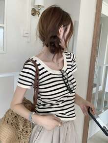 Atasan Rajut Lengan Pendek Wanita Motif Garis-Garis Kontras Warna, Musim Panas - Aprikot - View 4