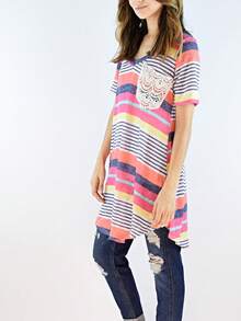 Boho Retro Rayon Cool Soft Summer Cuff Short Sleeve Crew Neck T Shirt Mini Dress Tunic With Pockets - 珊瑚粉 - 查看 2