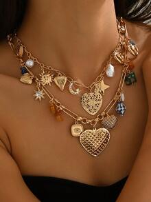 1 件时尚优质金色星星和月亮水晶心中国风陶瓷花彩色釉面天然石吊坠项链，适合派对、街头、节日穿着、礼物，可分层佩戴，颜色随机 - 彩色 - 查看 7