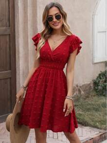 Women Solid Color V-Neck Dress, Fashionable For Summer - Red - View 3