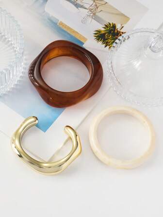 3pcs Women Fashion Asymmetrical Geometric Resin Bracelets Set