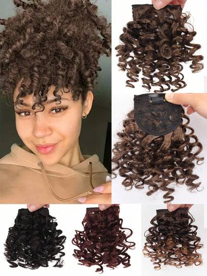 人造刘海假发，非洲卷曲假发接发，女士自然发片，耐热纤维夹式假发