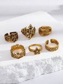 5/6pcs Punk Style Skull, Flame Decor Rings Set, Gothic Ring For Men, Christmas, New Year, Valentine's Day Holiday Gift