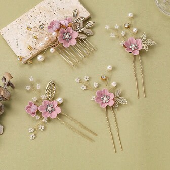 4 st/set Guldlegering Löv hår kam, tyg blommig hårklämma, vit pärla & strass hårnål Brudbröllopshårtillbehör