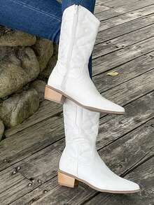 Women's Best-Selling Versatile Embroidered Chelsea Silver Boots - White - View 4