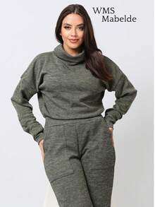 WMS Women's Woolen Ribbed Crew Neck Pants Set SimpleElegantCasualCutePocket - Grey - View 2