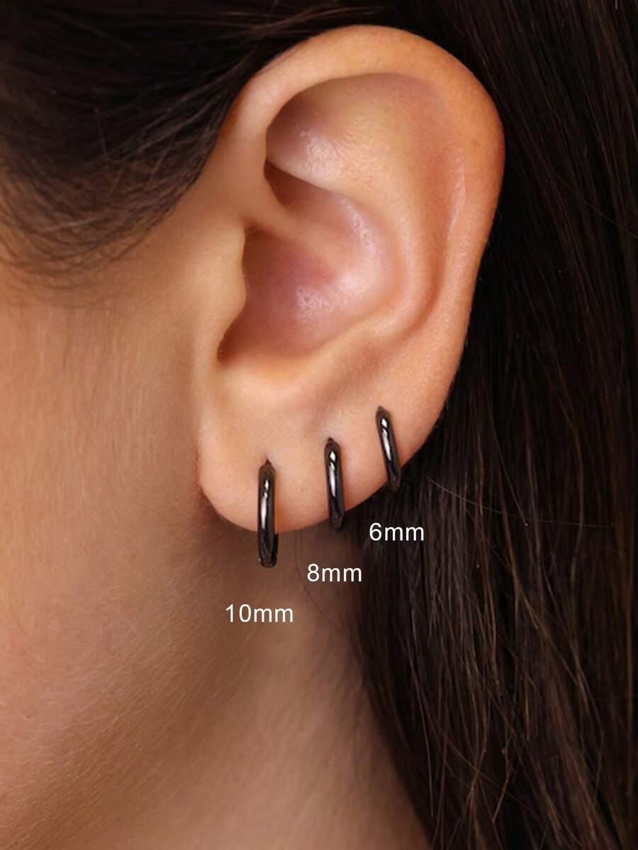 suteyi 3 Pcs Gunmetal Black Everyday Huggie Hoop Earrings • Huggie Earrings • Simple Hoop Earrings • Stainless Steel Black Earrings - Black - View 1