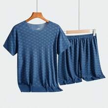 夏のメンズパジャマホームウェアセットプリントアイスシルク Tシャツ半袖モーダルカジュアルパジャマメンズパジャマズボン薄いスーツ - グレー - チェックする 2