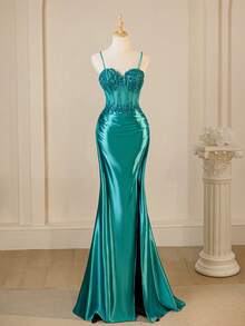 Đầm dạ hội sang trọng, quyến rũ Rolarold dành cho năm mới, với dây đeo vai mảnh, đính sequin và ren, xẻ tà cao, thích hợp cho đám cưới mùa xuân. - Màu xanh lam - Xem 2