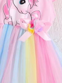 coviviky Vestido casual de longitud hasta la rodilla para niñas jóvenes con mangas cortas, gráfico de arcoíris en tul de colores, para fiestas y reuniones, verano