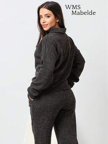 WMS Women's Woolen Ribbed Crew Neck Pants Set SimpleElegantCasualCutePocket - Black - View 2