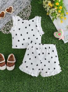 Baby Girl Cute Heart Print Sleeveless Top And Shorts 2pcs Set, Sweet Baby Outfits For Summer