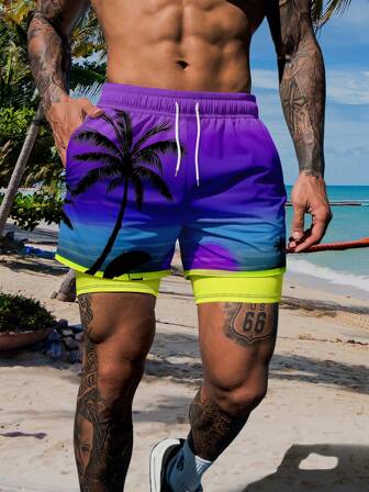 男士双层印花休闲运动沙滩短裤，夏威夷风