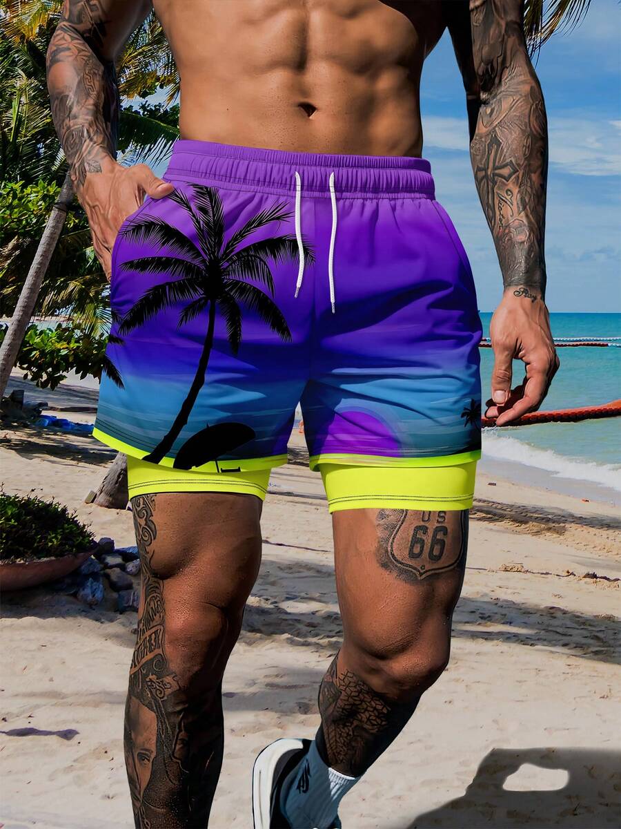 男士双层印花休闲运动沙滩短裤，夏威夷风 - 彩色 - 查看 1