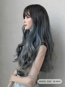 NAMM 26 英寸渐变蓝色女士假发，散落波浪假发，带刘海，深色发根，蓝色至灰色，自然造型，长卷发，合成假发，适合女士日常派对狂欢（可修剪刘海长度） - 漸層藍色 - 查看 2