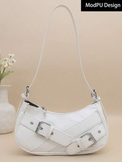 1pc Black PU Leather Y2K Gothic Fashionable Type Shoulder Bag With Rivet Decoration, Vintage Style, Perfect For Daily Commute, Tready Crescent Moon Bag For Women