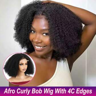 非洲卷曲波波头假发 预拔 4C 卷曲边缘短非洲卷曲波波头假发 真人发 4X4 蕾丝前假发 非洲波波头真人发假发 180% 密度 女士