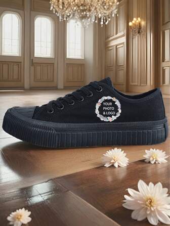 Customizable DIY Unisex Canvas Sneakers, Low-Top Black Simplistic Design, Vulcanized Rubber Sole, Suitable For All Seasons