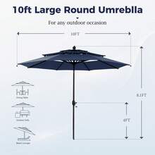 10ft 3 Tier Auto-Tilt Outdoor Patio Umbrella Beach Garden Double Vented Table Umbrella With Push Button And Crank, Beige - Navy Blue - View 8