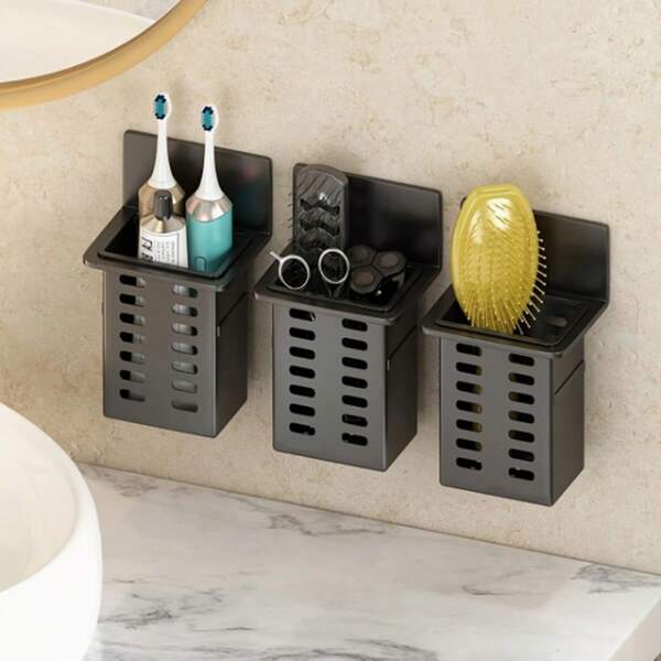 3pcs Black Toothpaste Holder, Toothbrush Holder, Wall-Mounted Storage Box, Bathroom Vanity Storage Organizer, Anti-Mold Basket For Cosmetics, Toothbrush, Toothpaste, Shaver And Kitchen Items Back To School