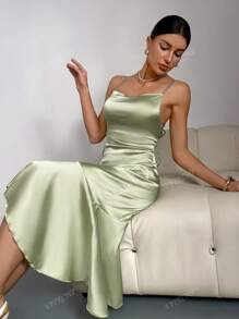 Vestido de Coquetel Elegante Ajustado Simples com Alça Tipo Spaghetti de Cor Sólida, Vestido de Festa