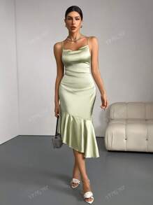 Vestido de Coquetel Elegante Ajustado Simples com Alça Tipo Spaghetti de Cor Sólida, Vestido de Festa