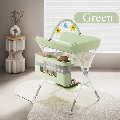 Cambiador con ruedas, portátil, de altura regulable, plegable, con organizador de guardería y estante de almacenamiento para recién nacidos y niños pequeños.