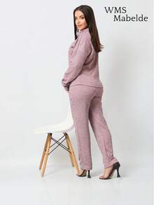WMS Women's Woolen Ribbed Crew Neck Pants Set SimpleElegantCasualCutePocket - 乾枯玫瑰色 - 查看 2