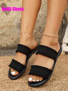 女士休闲圆头编织一脚蹬平底凉鞋，系带简约平底凉鞋，舒适适合旅行、海滩、夏季、白色、棕色、黑色、豹纹、碎花