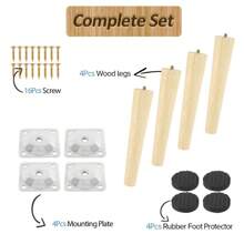 4-Piece Wooden Furniture Leg Set - Natural Wooden Chair Legs, Straight/Bevel Style, 4 Base Plates, 4 Non-Slip Pads And 16 Screws For Armchairs, Dressers, Sofas, Tables.