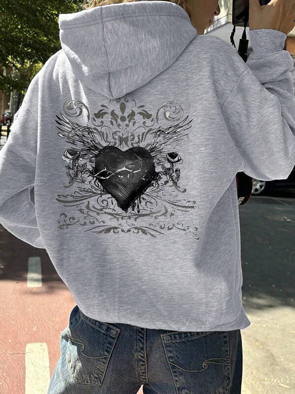 Sudadera con capucha de mujer de uso casual diario con estampado de corazón oscuro abstracto, parte superior estampada de mujer para primavera y otoño