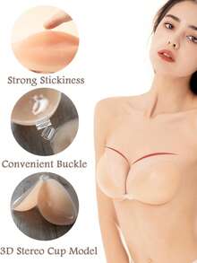 Invisible Adhesive Reusable Lift Up Silicone Strapless Backless Breast Bra With Nipple Covers - Beige - View 5