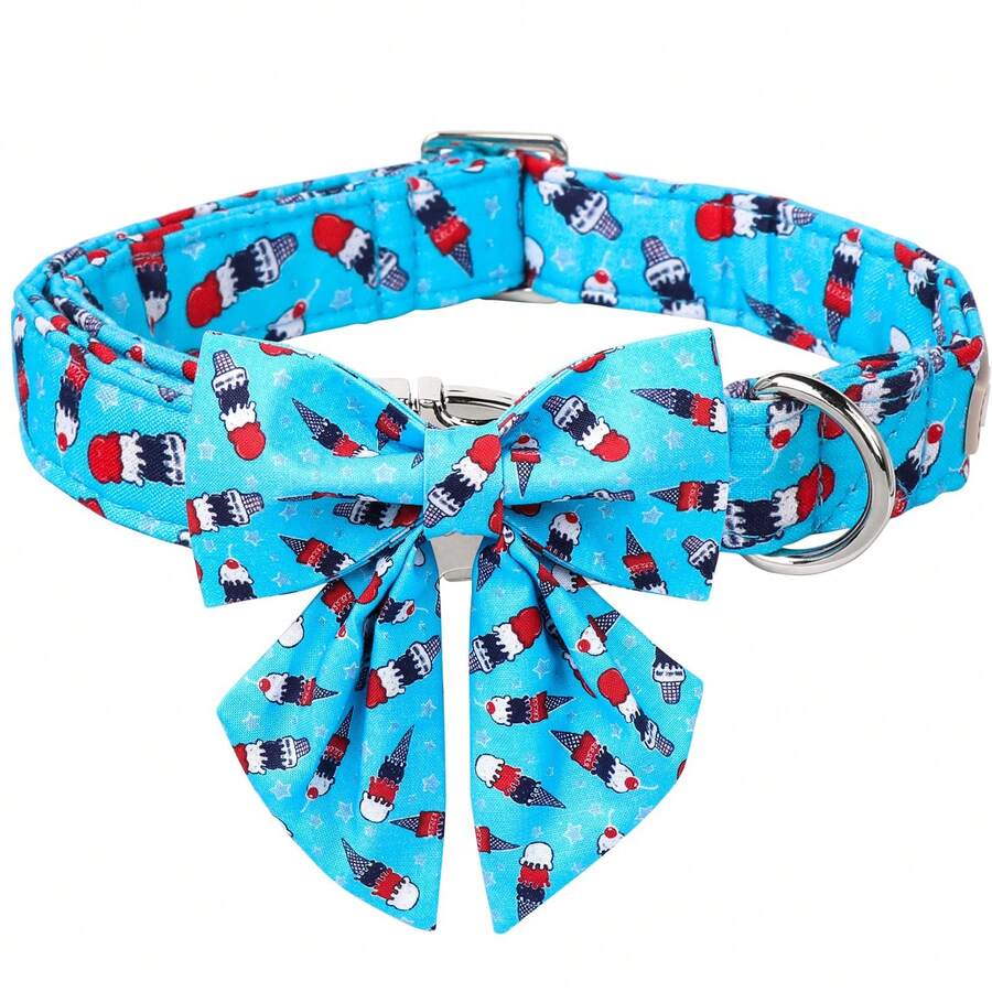 Babole Pet 4th Of July Dog Collar With Bow Tie - Patriotic American Flag Adjustable Pet Collar For Small/Medium/Large Dogs, Red White Blue Ice Cream Design, Metal Buckle - Independence Day Pet Accessories - Ice-cream - View 1