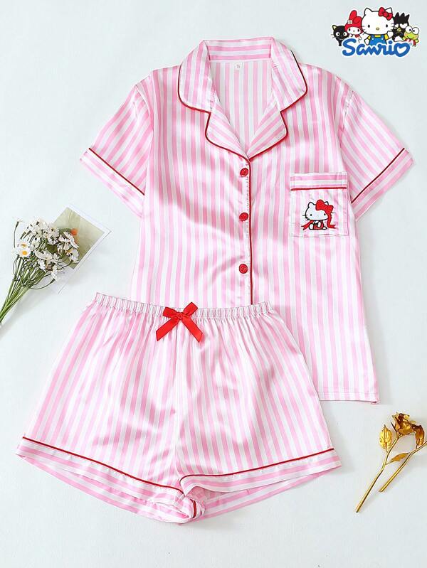 Sanrio Set de pijama de 2 piezas que incluye camisa tipo polo con bolsillo bordado de Hello Kitty con licencia y pantalones cortos con moño, adecuado para usar en casa en primavera/verano