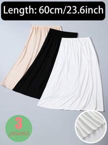 3 pièces/2 pièces/1 pièce Jupe mi-longue en tissu souple de longueur étendue 90 cm/80 cm/72 cm/60 cm de couleur unie. Coupe près du corps pour empêcher la transparence. Doublure haute élasticité à la taille. Convient pour le port quotidien et peut être associée à des robes de soirée pour des événements estivaux, scolaires.
