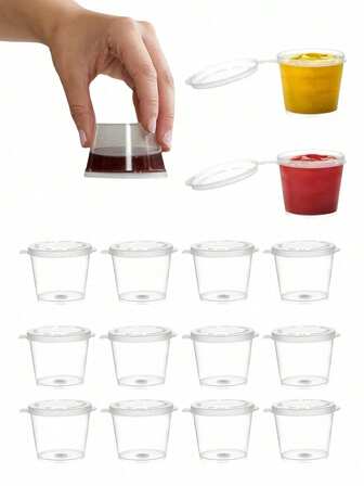 100个防漏分隔盒，1盎司小容器，值得拥有的可堆叠调味杯，商用餐饮用品+DIY收纳（透明密封便携版，非常适合沙拉酱/史莱姆）