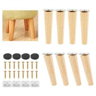 4-delad trämöbelbenset - naturliga trästolsben, rak/fasad stil, 4 bottenplattor, 4 halkskydd och 16 skruvar för fåtöljer, byråer, soffor, bord.