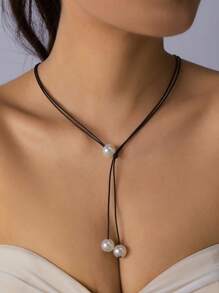 1 pièce Collier de clavicule réglable à double couche en ficelle de cire et perle de culture, accessoire de collier polyvalent pour femme