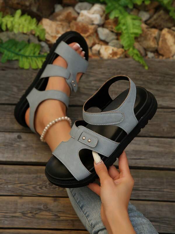 Women's Summer New Sport Sandals, Brown, Navy, Pink, Grey, Fashion Round Toe Hook And Loop Slip-On Women Flat Sandals, Casual Beach Sandals
