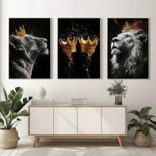3-delige set Golden Crown & Lion Couple Lovers Canvas Prints, moderne abstracte wandkunst, prints - zonder lijst, dierenposters, eigentijdse woondecoratie voor woonkamer, slaapkamer, kantoor en meer, zonder lijst