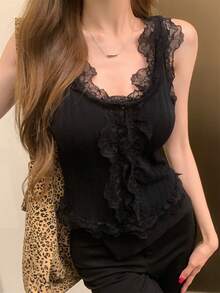 性感简约蕾丝边吊带背心，叠穿针织露脐上衣，韩版时尚春夏返校休闲风黑色 - 黑色 - 查看 4