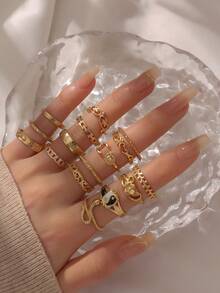 16 Pcs/Set Vintage Octagon Sun Moon Snake Leaf Flower Joint Rings - Gold - View 13