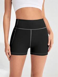 女士舒适瑜伽短裤，夏季女士短裤，纯色，口袋，中等弹力，撞色设计，适合跑步、骑行和健身的女士户外运动短裤 - 黑色 - 查看 3