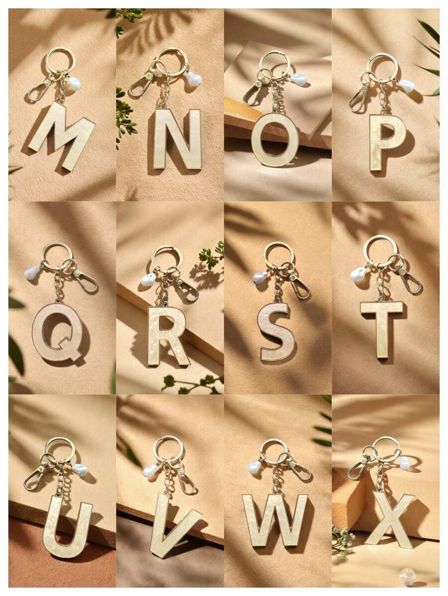 Alloy Letter Acrylic Inlay Keychain, Faux Pearl Shell Pendant Bag & Jeans Accessory, Gift For Friends And Classmates - Golden - View 1