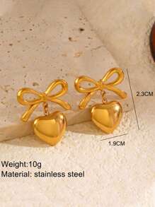 1 Pair Of 18K Gold Stainless Steel Contrast Color Bow-Knot & Heart Pendant Earrings For Women, Fashionable And Versatile, Suitable For Daily Wear, Party, Beach Holiday